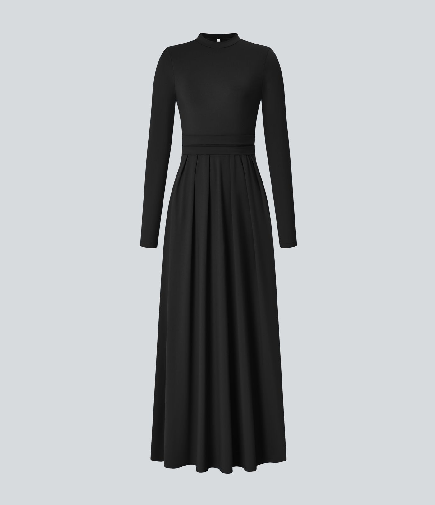 Mock-neck Long Sleeve Pocket Flare Maxi Casual Dress