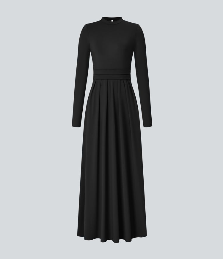 Mock-neck Long Sleeve Pocket Flare Maxi Casual Dress