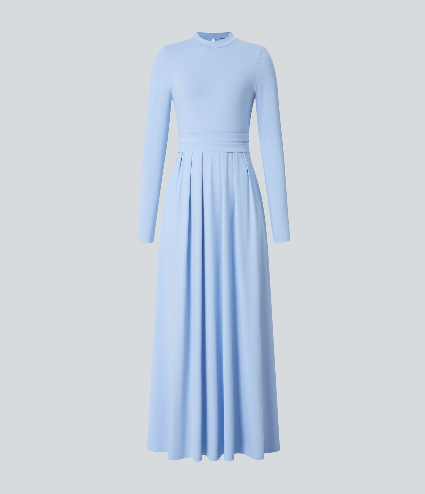 Mock-neck Long Sleeve Pocket Flare Maxi Casual Dress