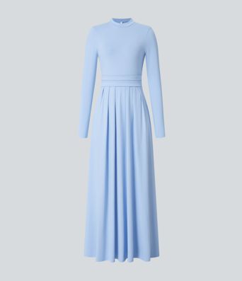 Mock-neck Long Sleeve Pocket Flare Maxi Casual Dress