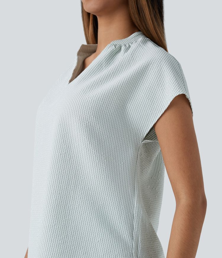 Blusa rayas dobladillo curvo manga corta cuello V