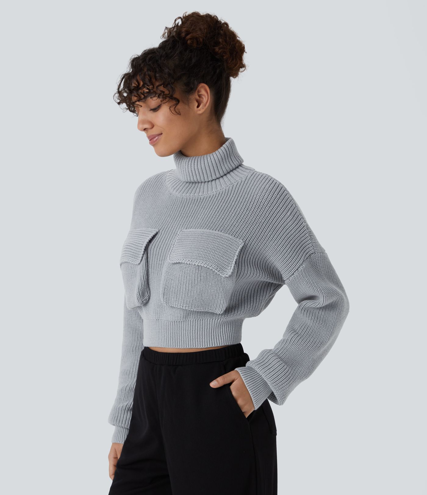 High Neck Dropped Shoulder Flap Pocket Cropped Casual Sweater
