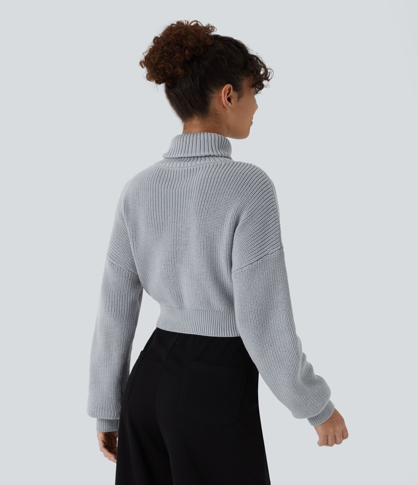 High Neck Dropped Shoulder Flap Pocket Cropped Casual Sweater