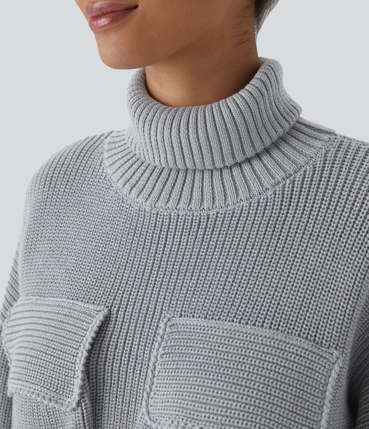 High Neck Dropped Shoulder Flap Pocket Cropped Casual Sweater