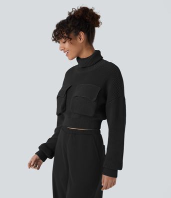 High Neck Dropped Shoulder Flap Pocket Cropped Casual Sweater