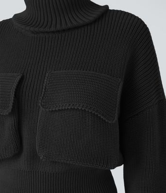 High Neck Dropped Shoulder Flap Pocket Cropped Casual Sweater