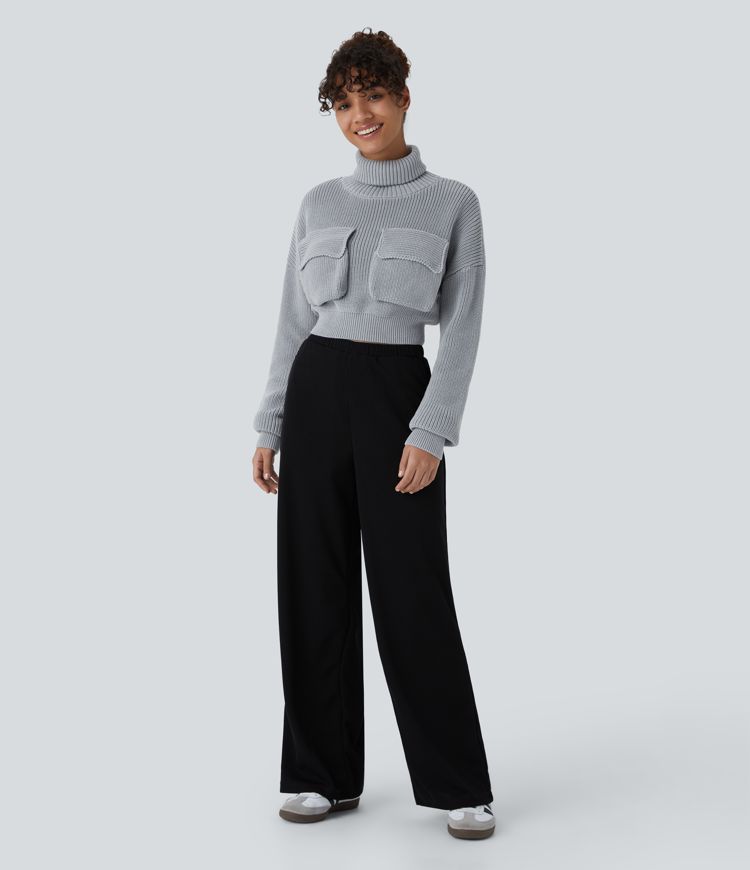 High Neck Dropped Shoulder Flap Pocket Cropped Casual Sweater