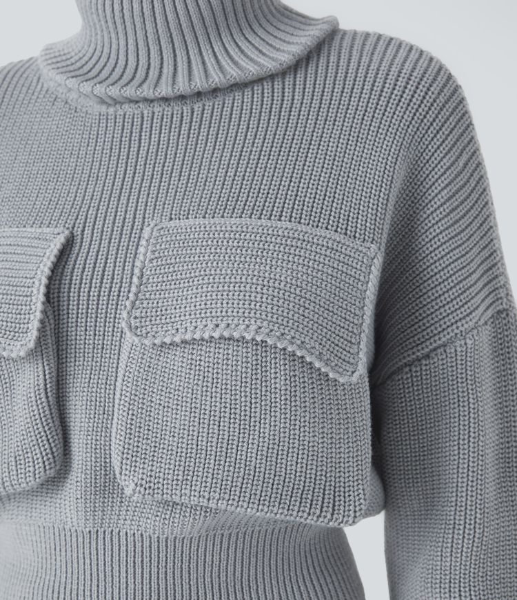 High Neck Dropped Shoulder Flap Pocket Cropped Casual Sweater