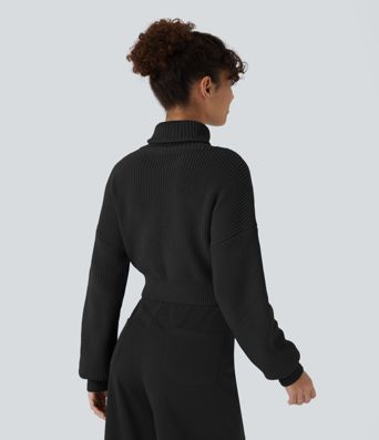High Neck Dropped Shoulder Flap Pocket Cropped Casual Sweater