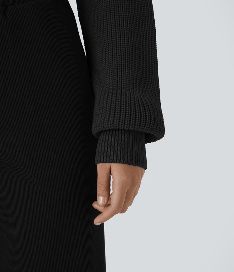 High Neck Dropped Shoulder Flap Pocket Cropped Casual Sweater