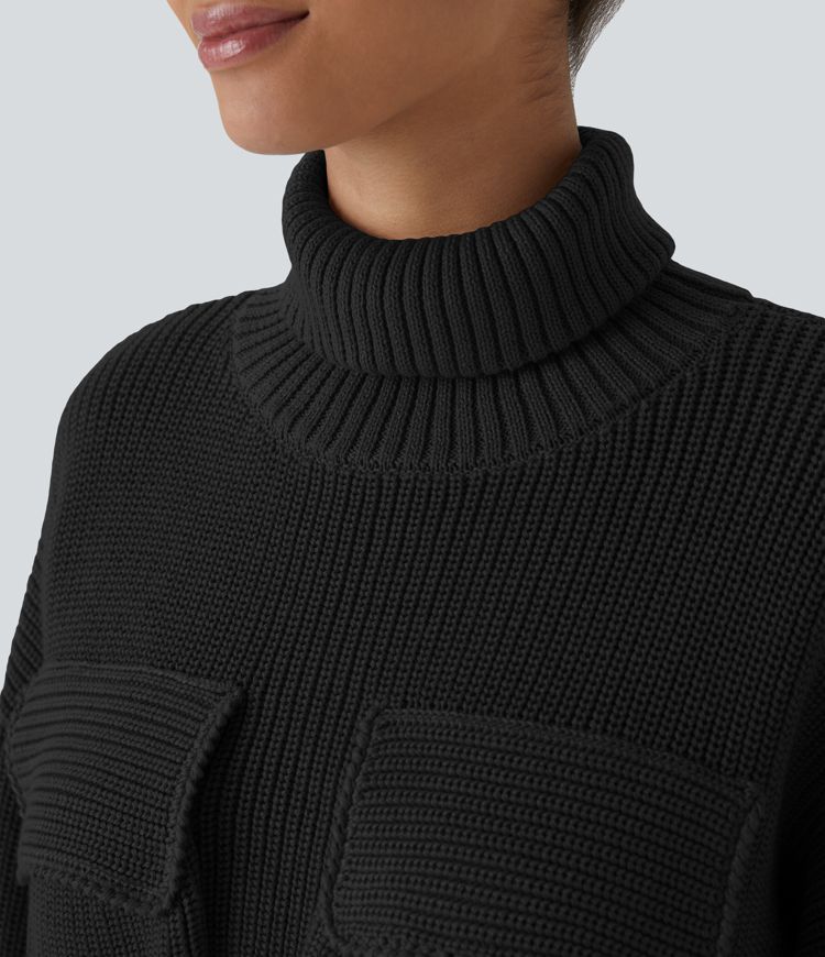 High Neck Dropped Shoulder Flap Pocket Cropped Casual Sweater