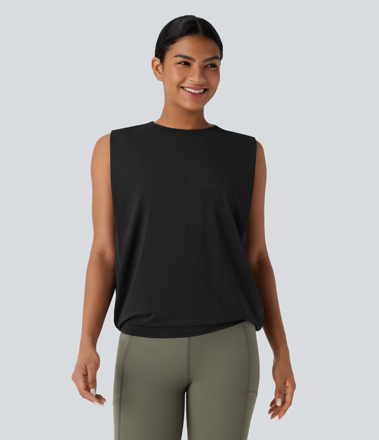 Round Neck Ruched Cool Touch Yoga Tank Top-UPF50+