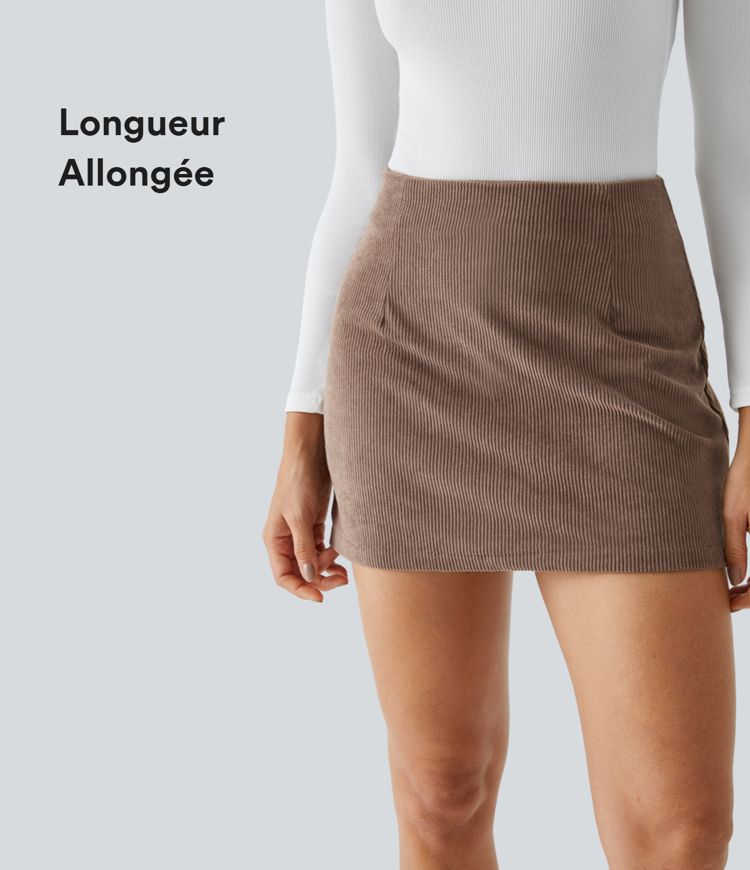 Jupe Courte Décontractée en Velours Côtelé à Taille Haute et 2-en-1 - Longueur Plus Longue