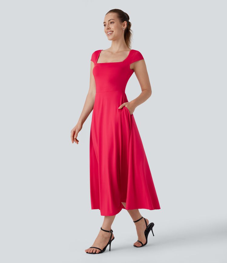 Square Neck Short Sleeve Side Pocket Flowy Midi Casual Dress