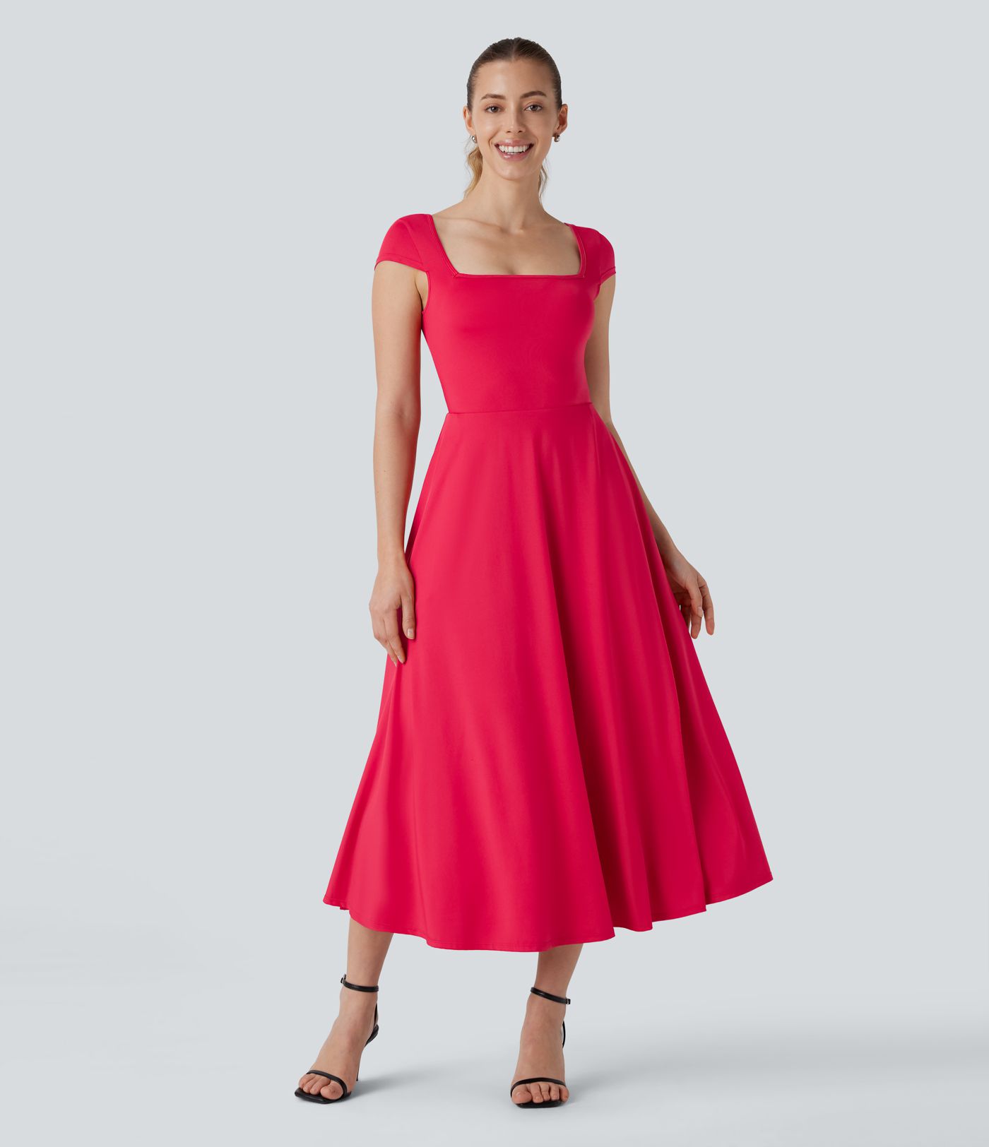 Vestido holgado midi cuello cuadrado manga corta bolsillo lateral