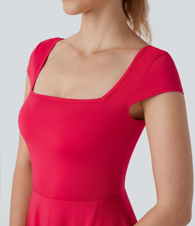 Vestido holgado midi cuello cuadrado manga corta bolsillo lateral