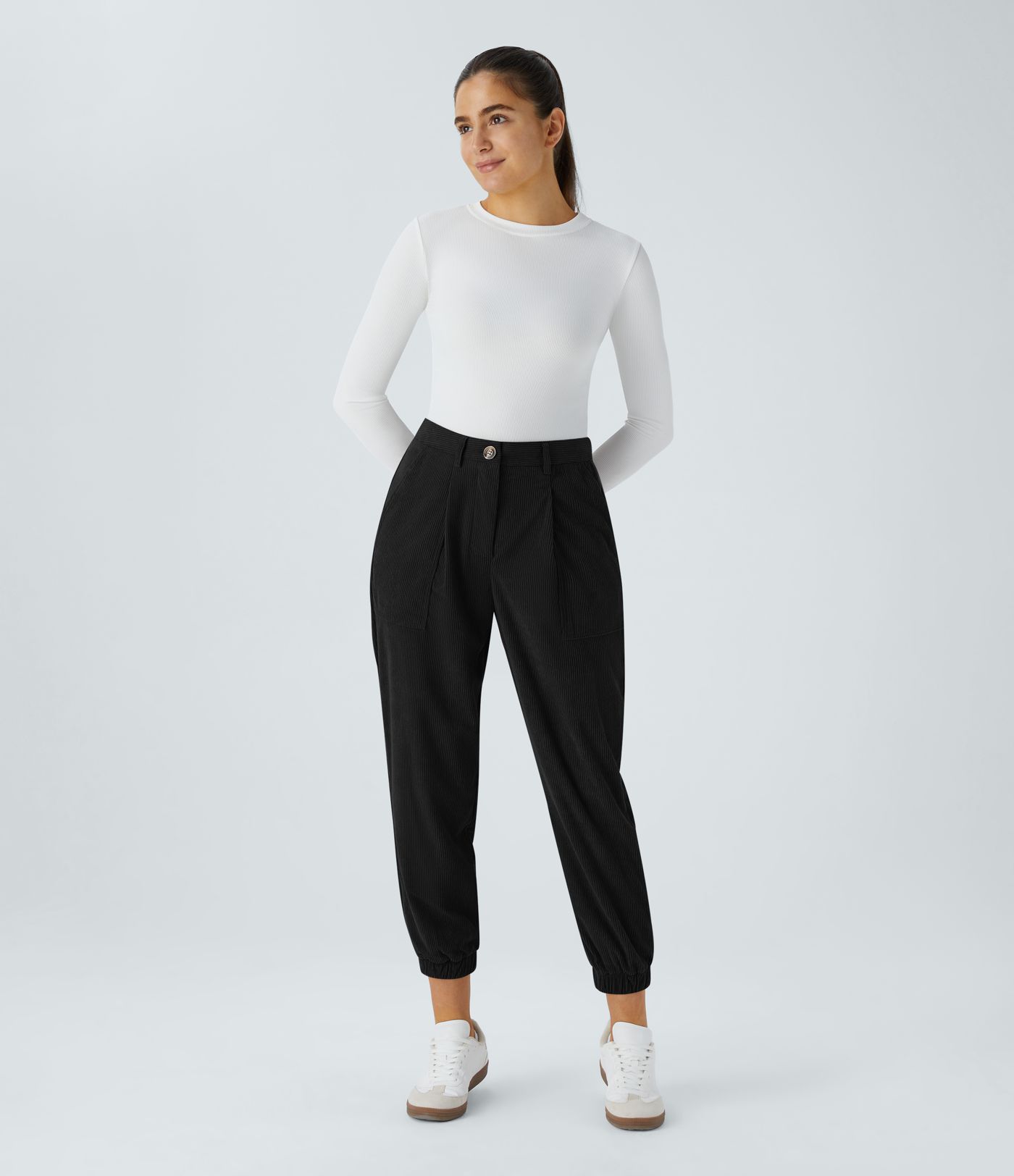 Pantalons de cyclisme en velours côtelé, taille mi-haute, coupe décontractée, avec poches zippées.