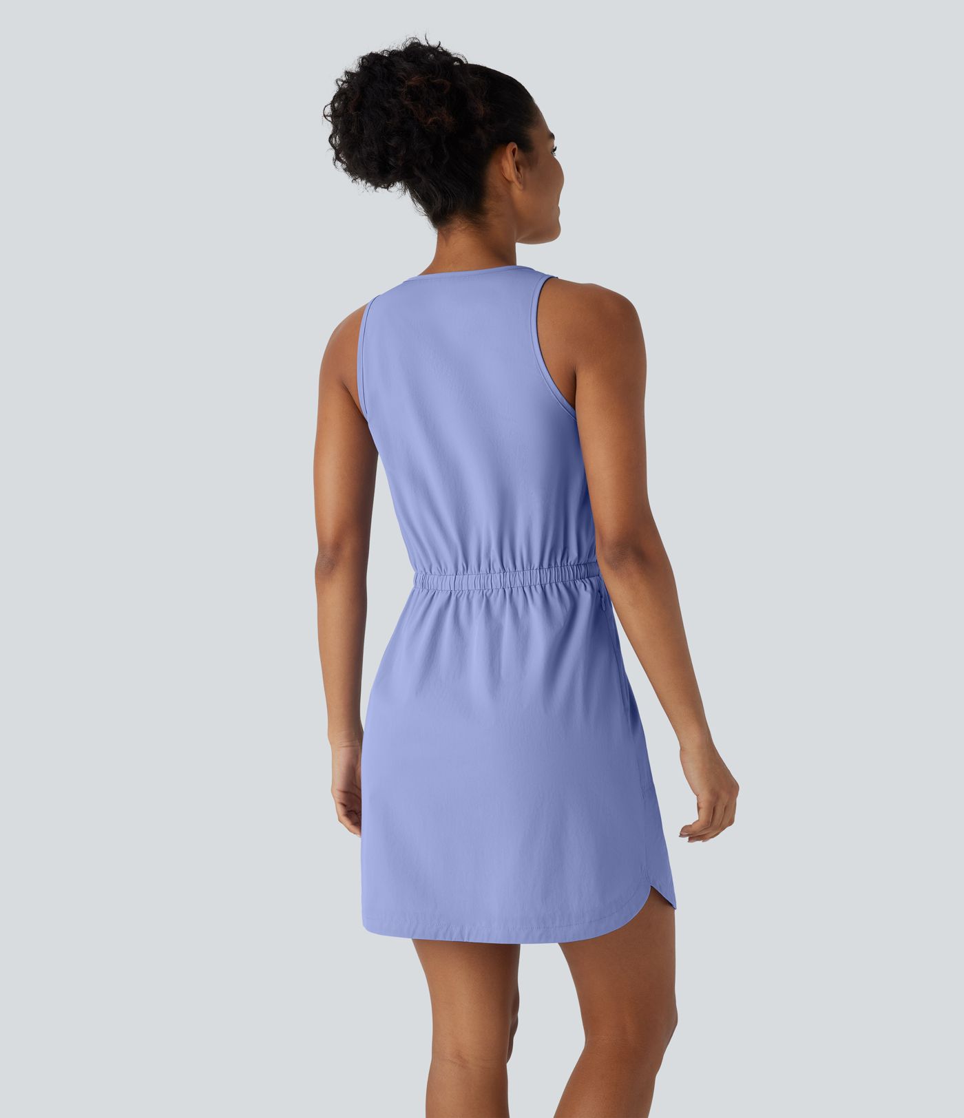 Water Repellent Wear-Resistant U Neck Sleeveless Half Zip Drawstring Pocket Curved Hem Mini Hiking Active Dress