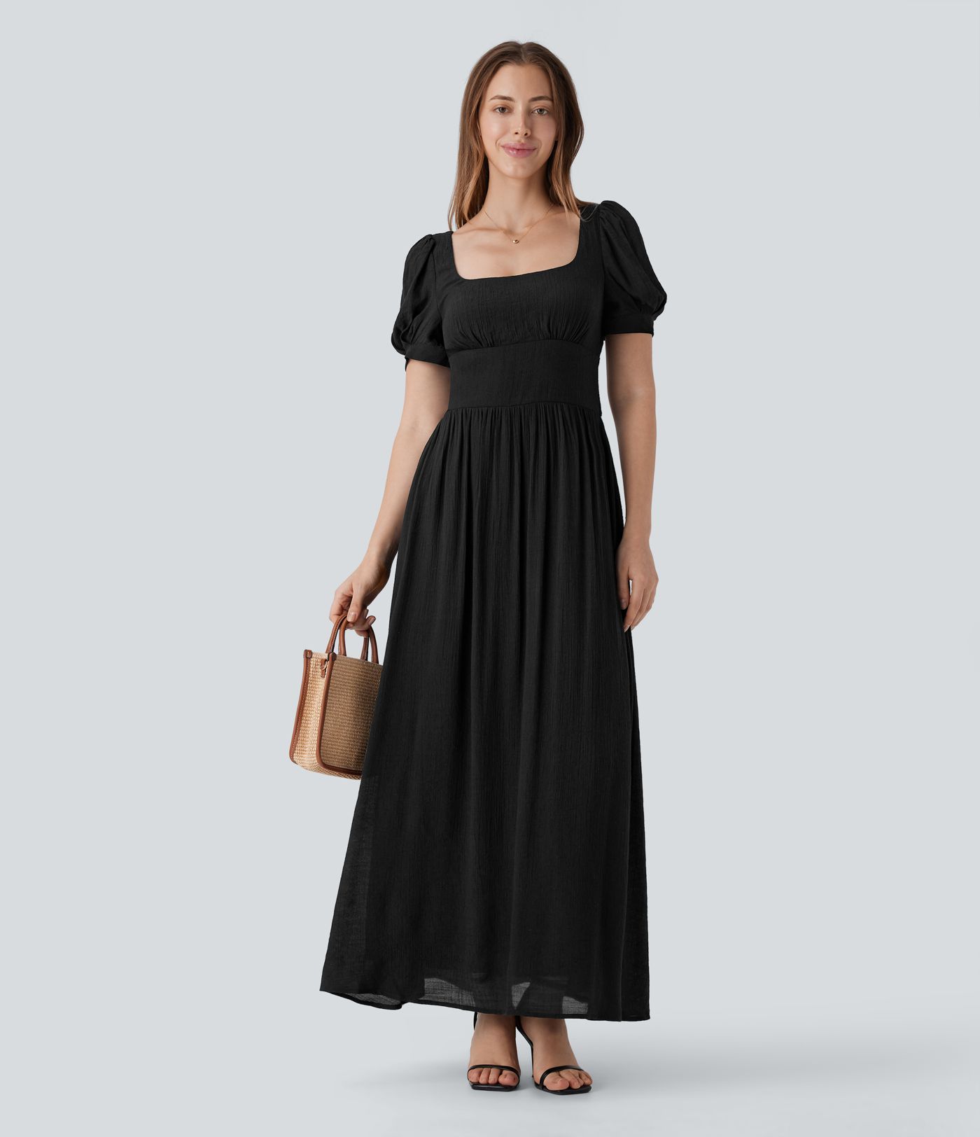 Square Neck Puff Sleeve Lace Up Cinched Waist Flowy Maxi Dress