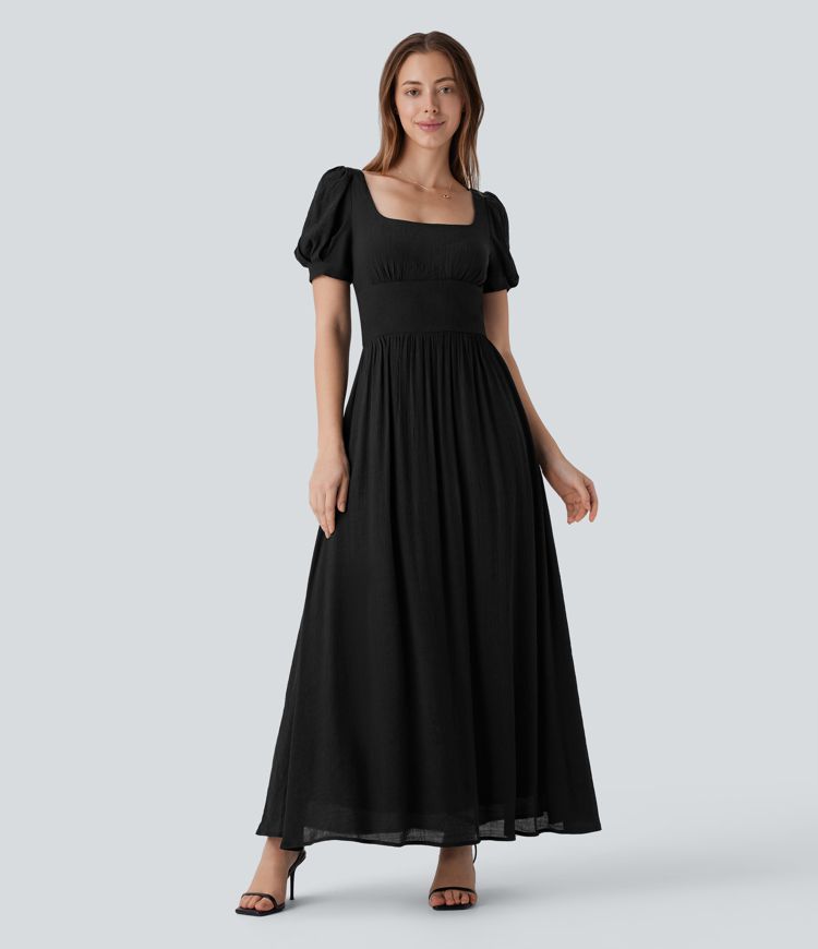 Robe longue de villégiature fluide à col carré, manches bouffantes, laçage et taille cintrée