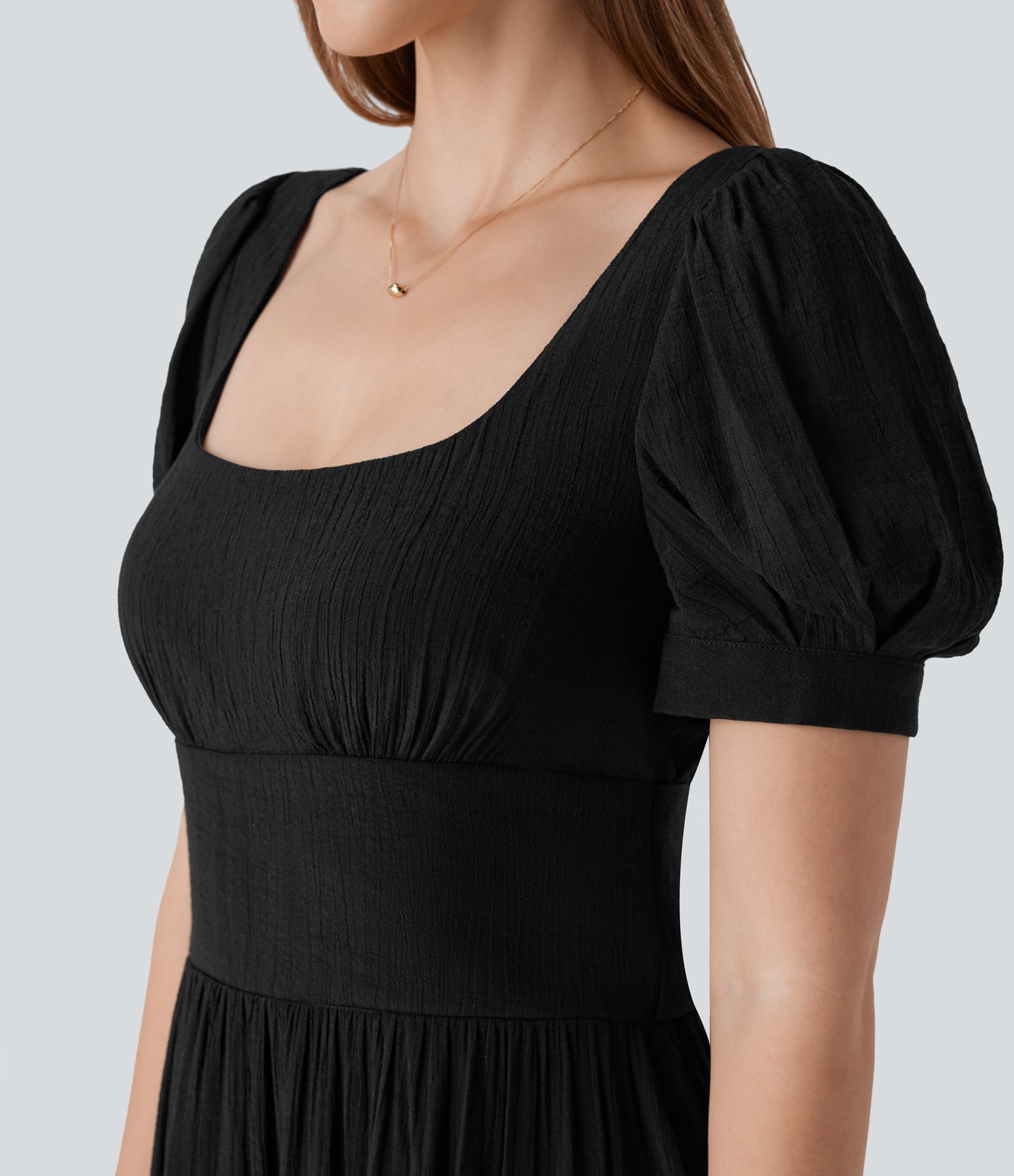 Square Neck Puff Sleeve Lace Up Cinched Waist Flowy Maxi Dress