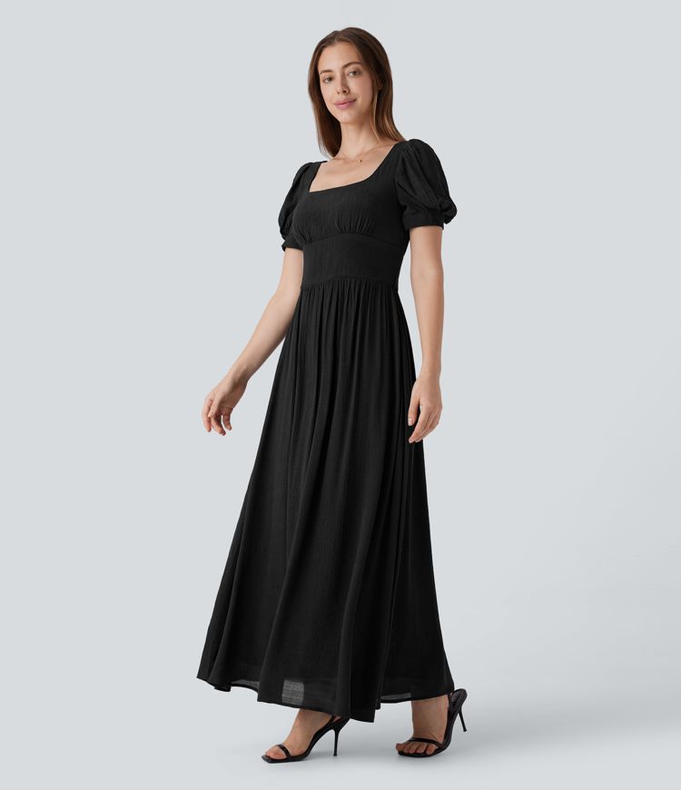 Robe longue de villégiature fluide à col carré, manches bouffantes, laçage et taille cintrée