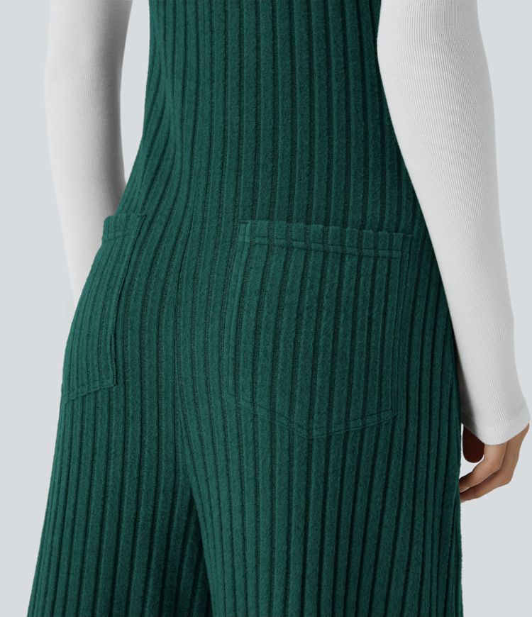 Ribbed Knit Pockets Casual Overalls