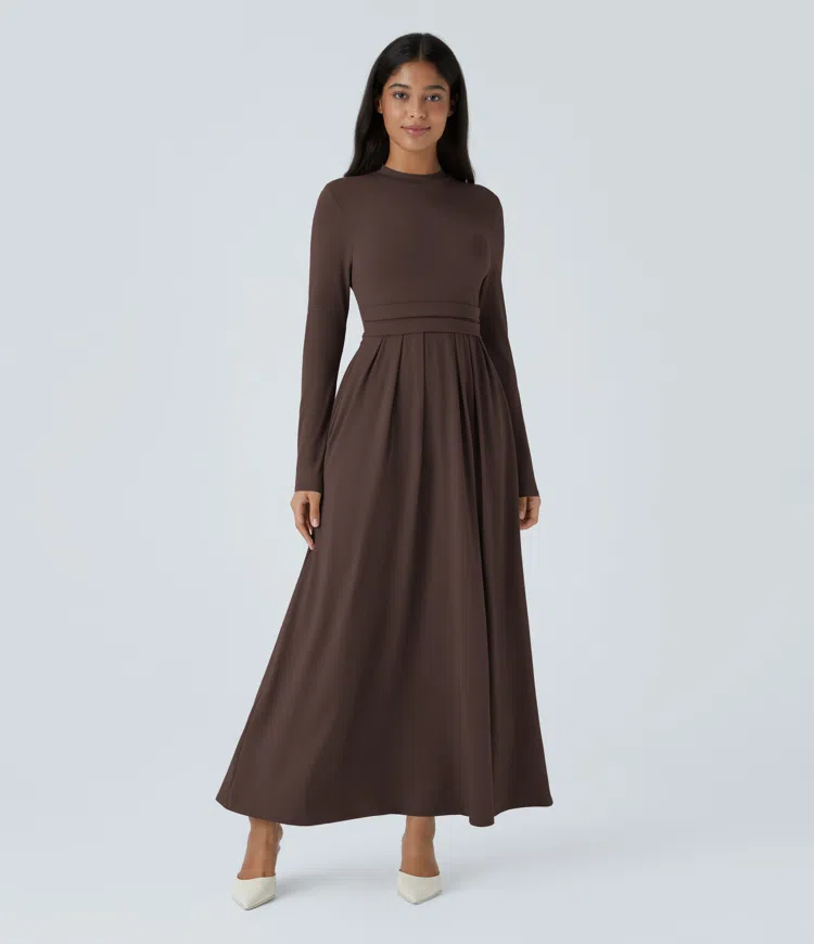 Mock-neck Long Sleeve Pocket Flare Maxi Casual Dress