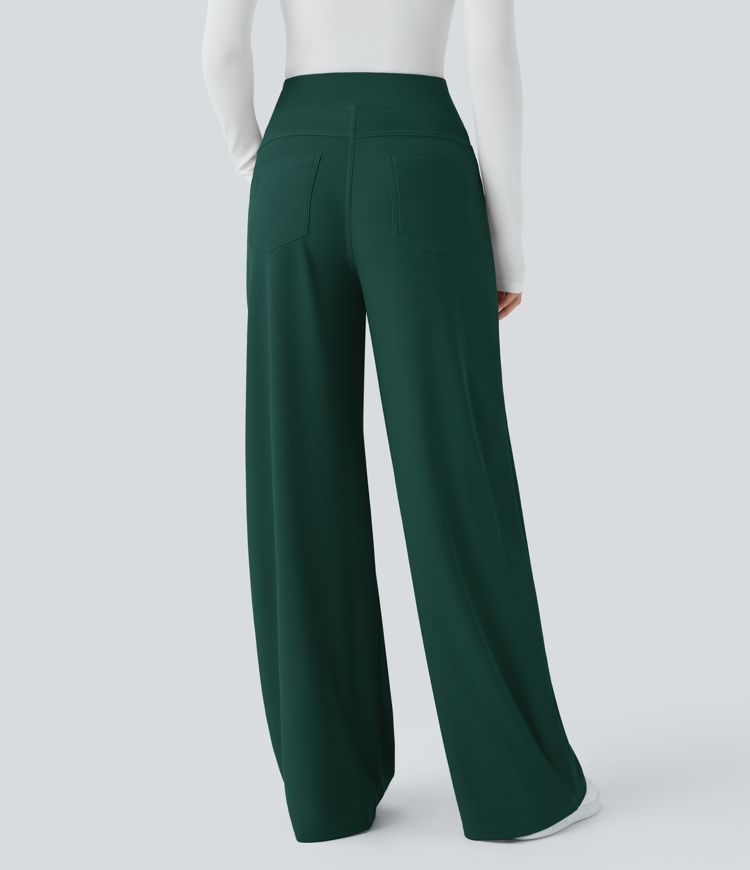 SoCinched High Waisted Tummy Control Multiple Pockets Wide Leg Micro Waffle Work Pants