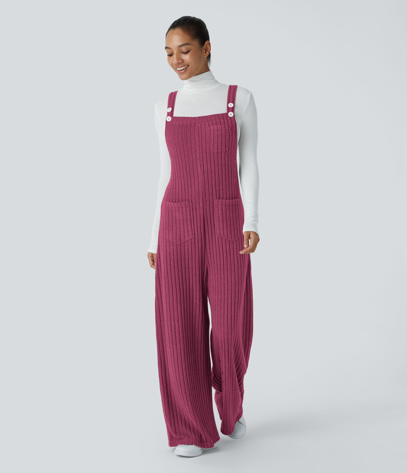 Salopette de noël décontractée en maille côtelée avec bretelles ajustables, boutons et multiples poches