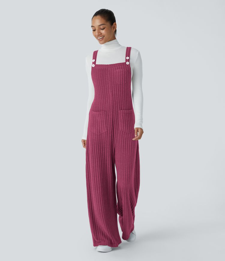 Salopette de noël décontractée en maille côtelée avec bretelles ajustables, boutons et multiples poches