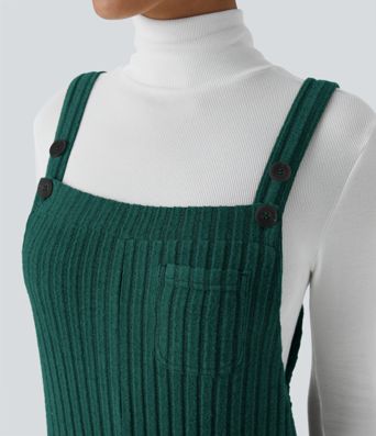 Ribbed Knit Pockets Casual Overalls