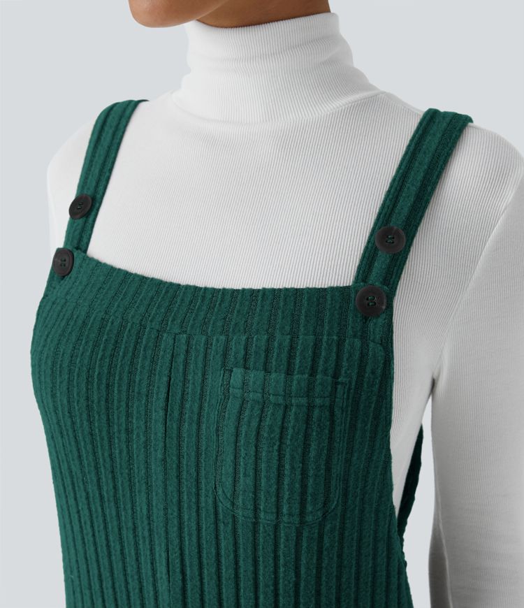 Ribbed Knit Pockets Casual Overalls