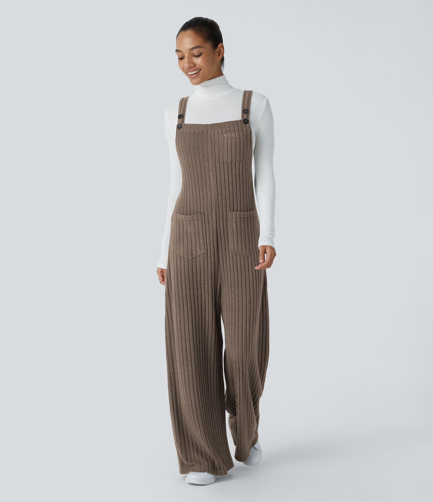 Ribbed Knit Pockets Casual Overalls