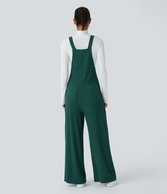 Ribbed Knit Pockets Casual Overalls