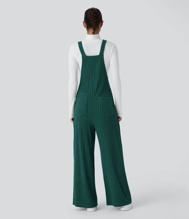 Ribbed Knit Adjustable Strap Button Multiple Pockets Casual Overalls