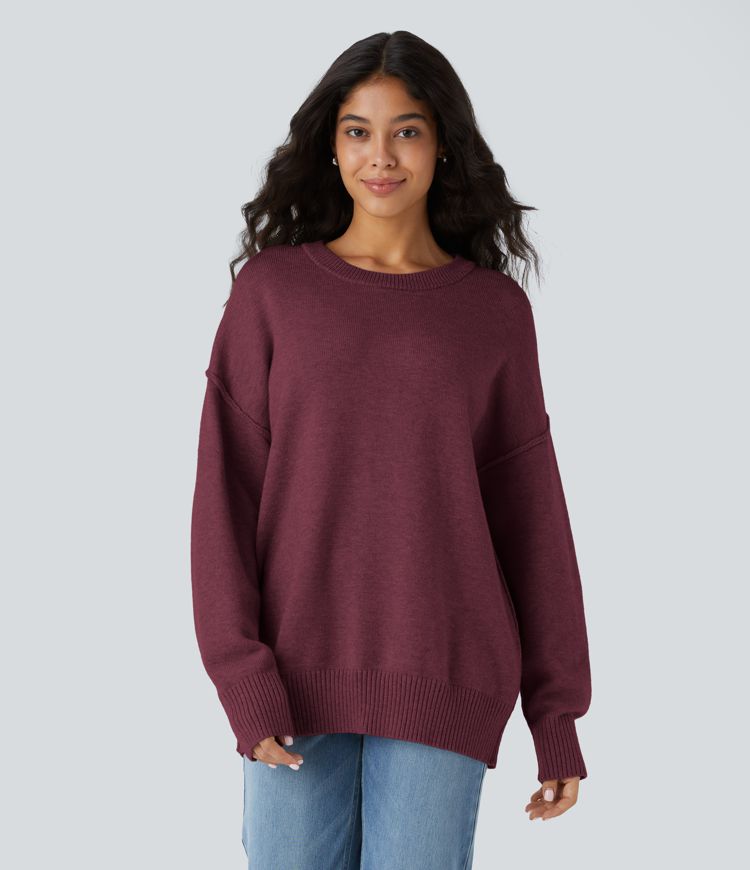 Round Neck Dropped Shoulder Long Sleeve Casual Sweater