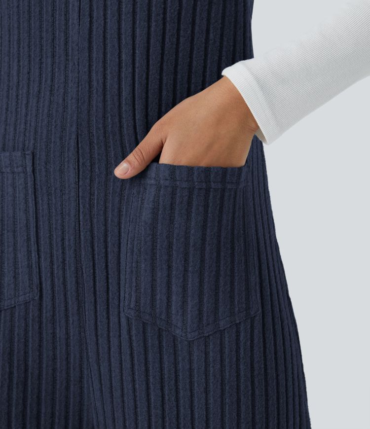 Ribbed Knit Pockets Casual Overalls