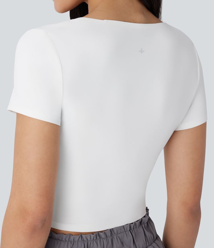 Square Neck Short Sleeve Ruched Cropped Hiking Sports Top-UPF40+