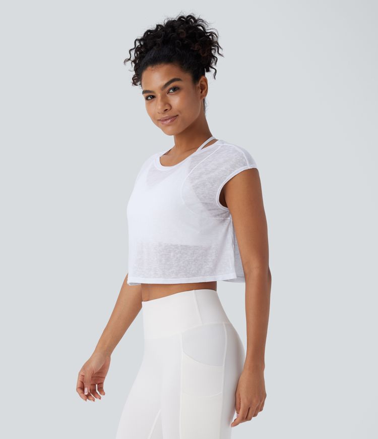 Round Neck Cap Sleeve Cropped Yoga Sports Top