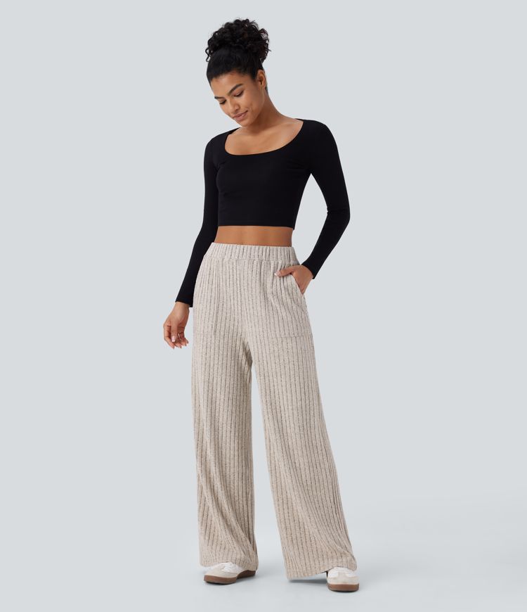 Pantalón pierna ancha múltiple bolsillo tiro alto acanalado