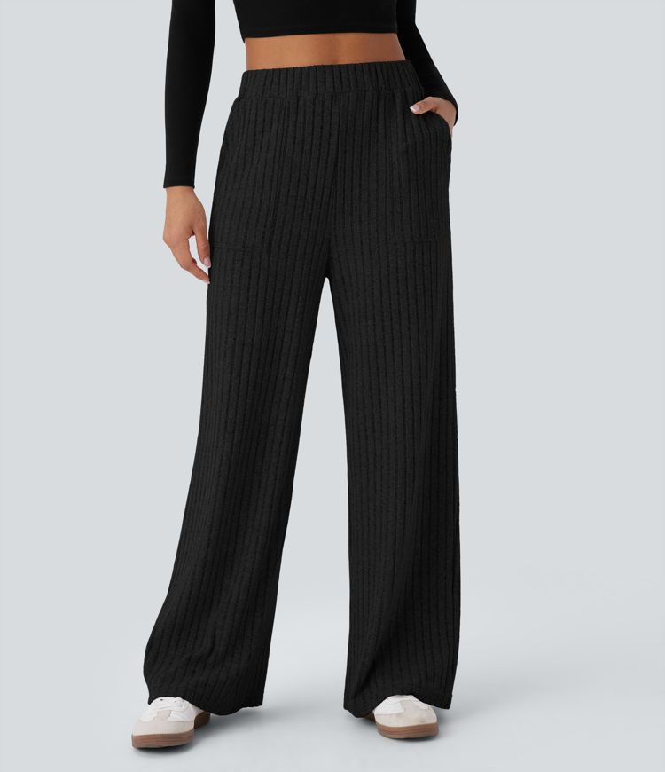 Ribbed Knit High Waisted Multiple Pockets Wide Leg Casual Pants
