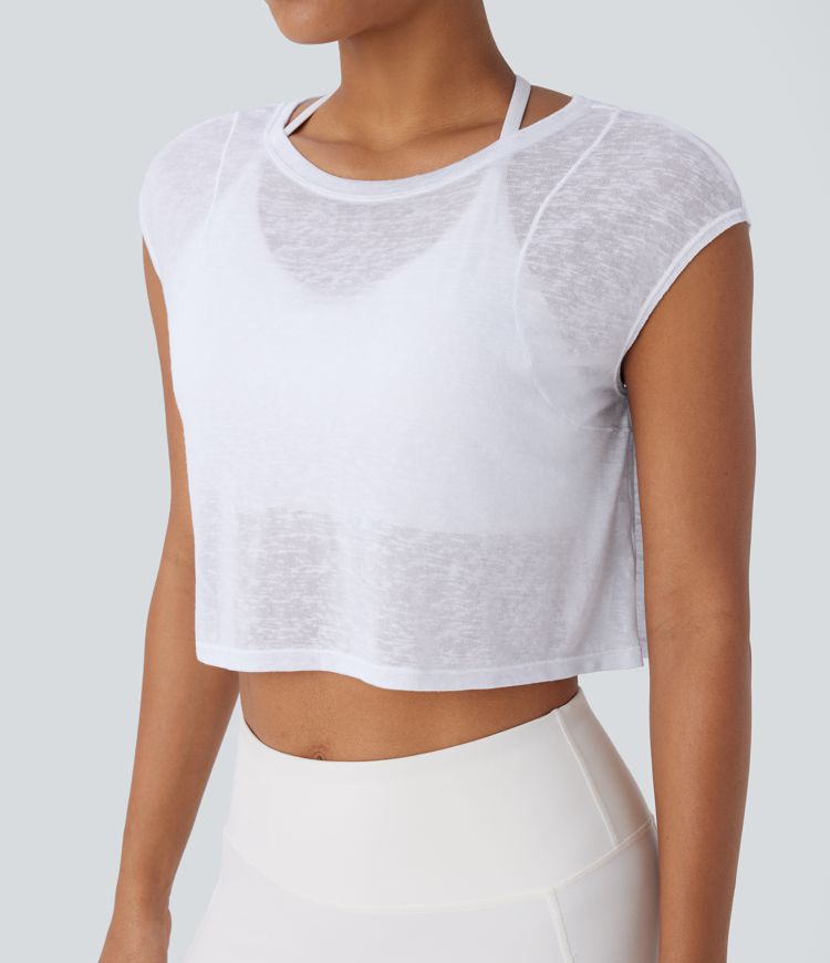 Round Neck Cap Sleeve Cropped Yoga Sports Top