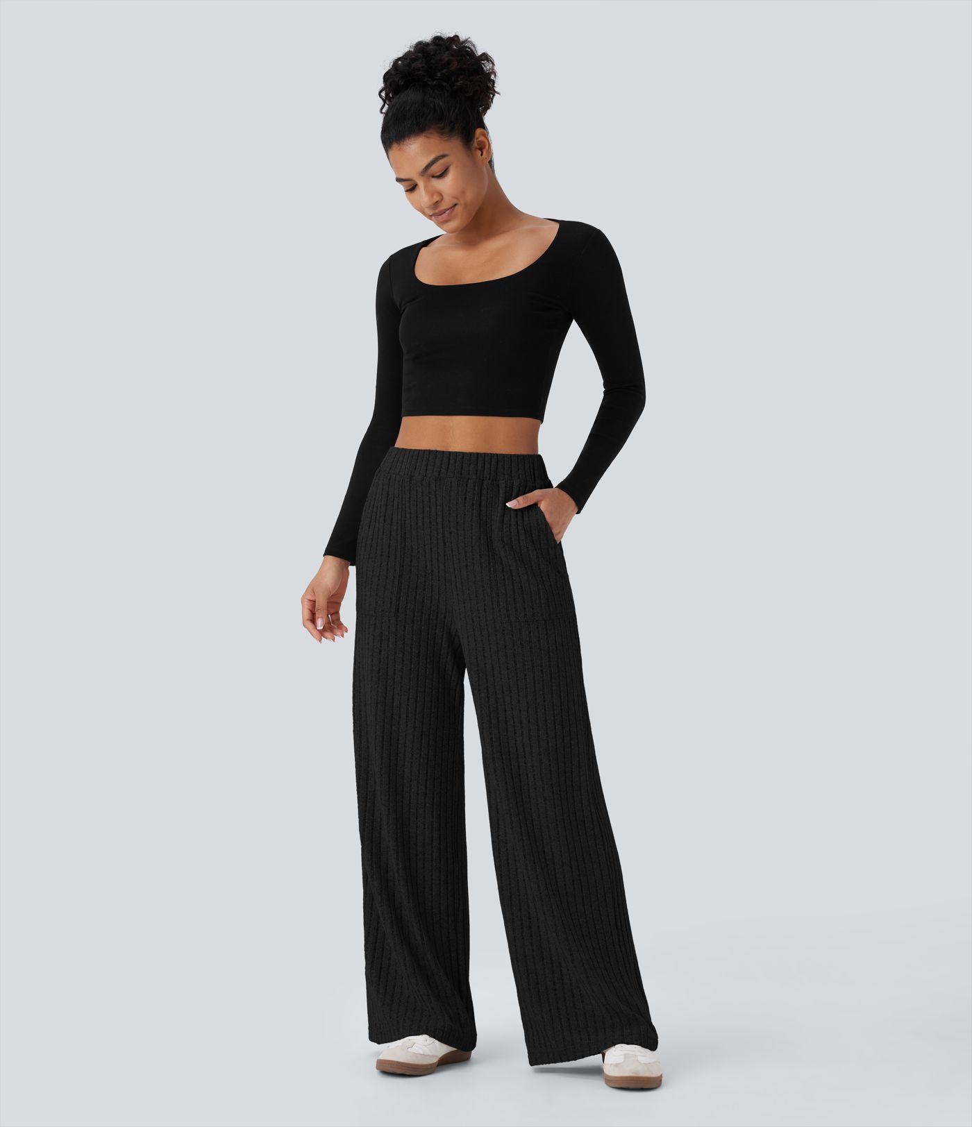 Ribbed Knit High Waisted Pockets Wide Leg Casual Pants