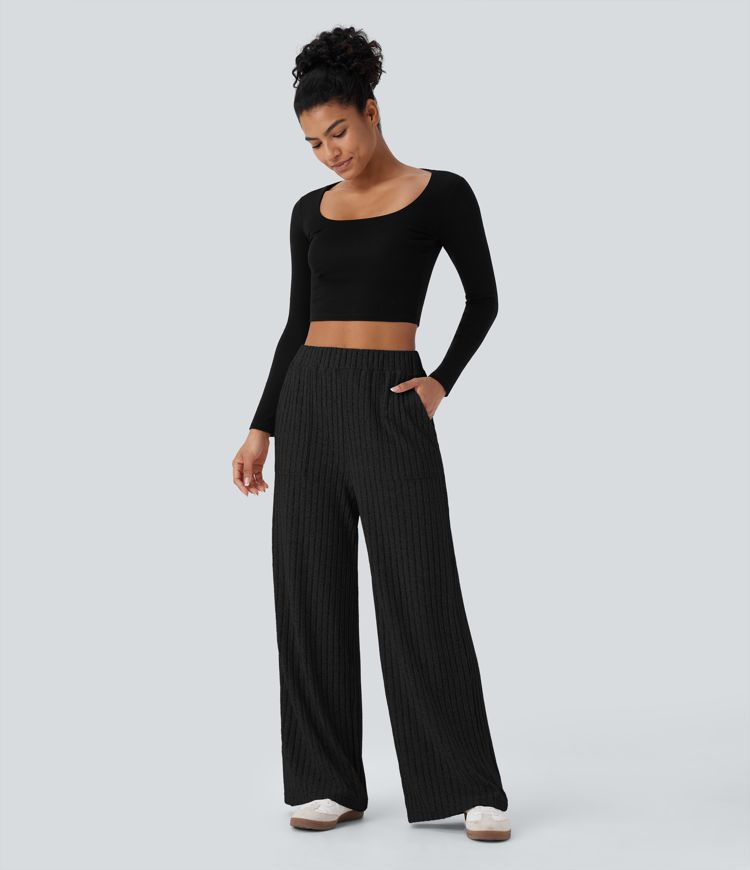 Ribbed Knit High Waisted Pockets Wide Leg Casual Pants