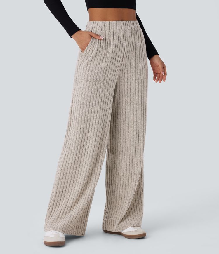 Ribbed Knit High Waisted Multiple Pockets Wide Leg Casual Pants