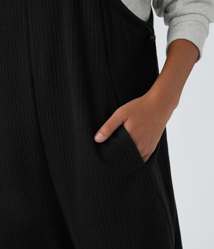 Ribbed Adjustable Straps Drawstring Side Pocket Casual Jogger Dungarees