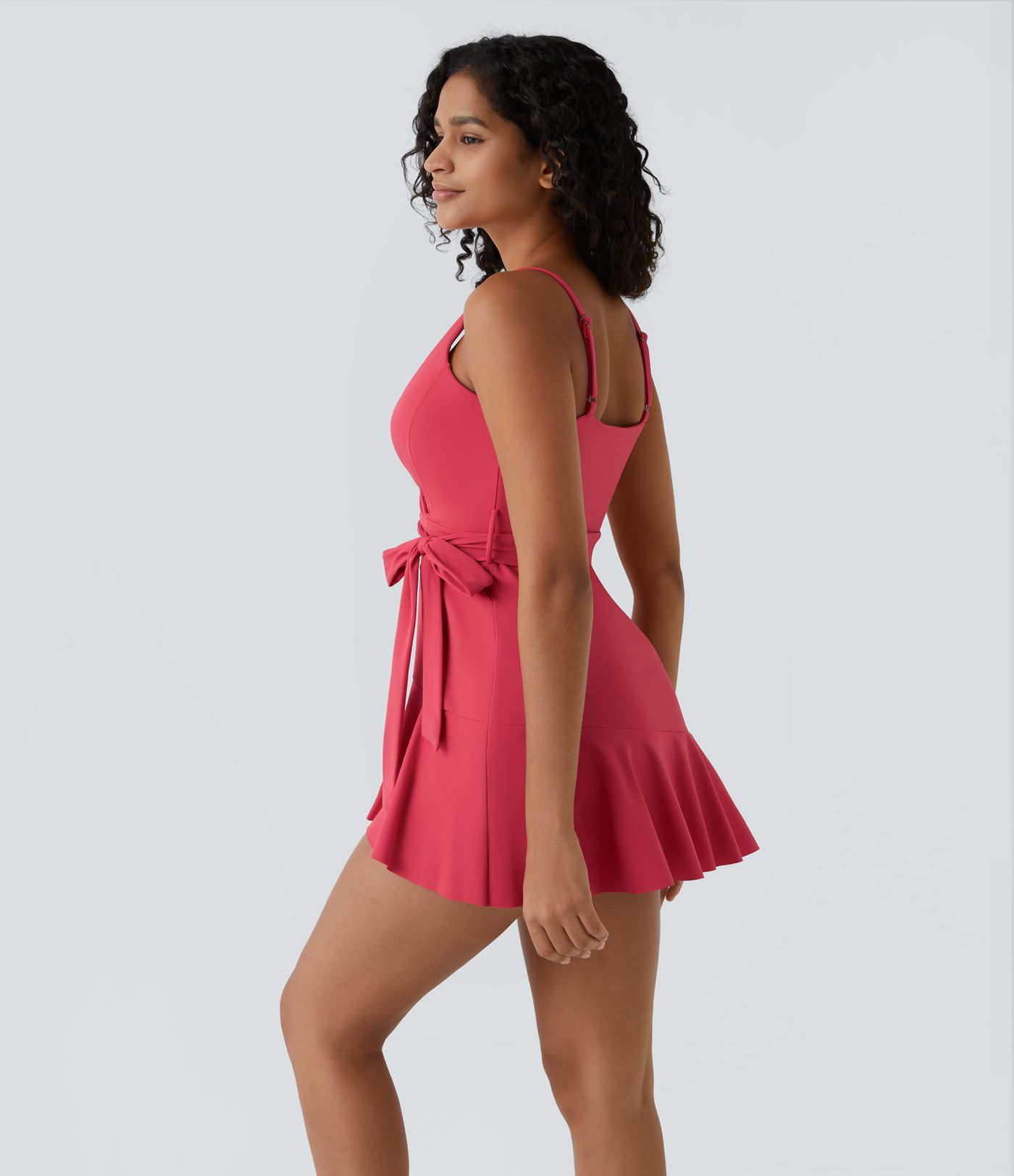 Robe décontractée mini 2-pièces col V liens latéraux volant fluide avec poche A-C