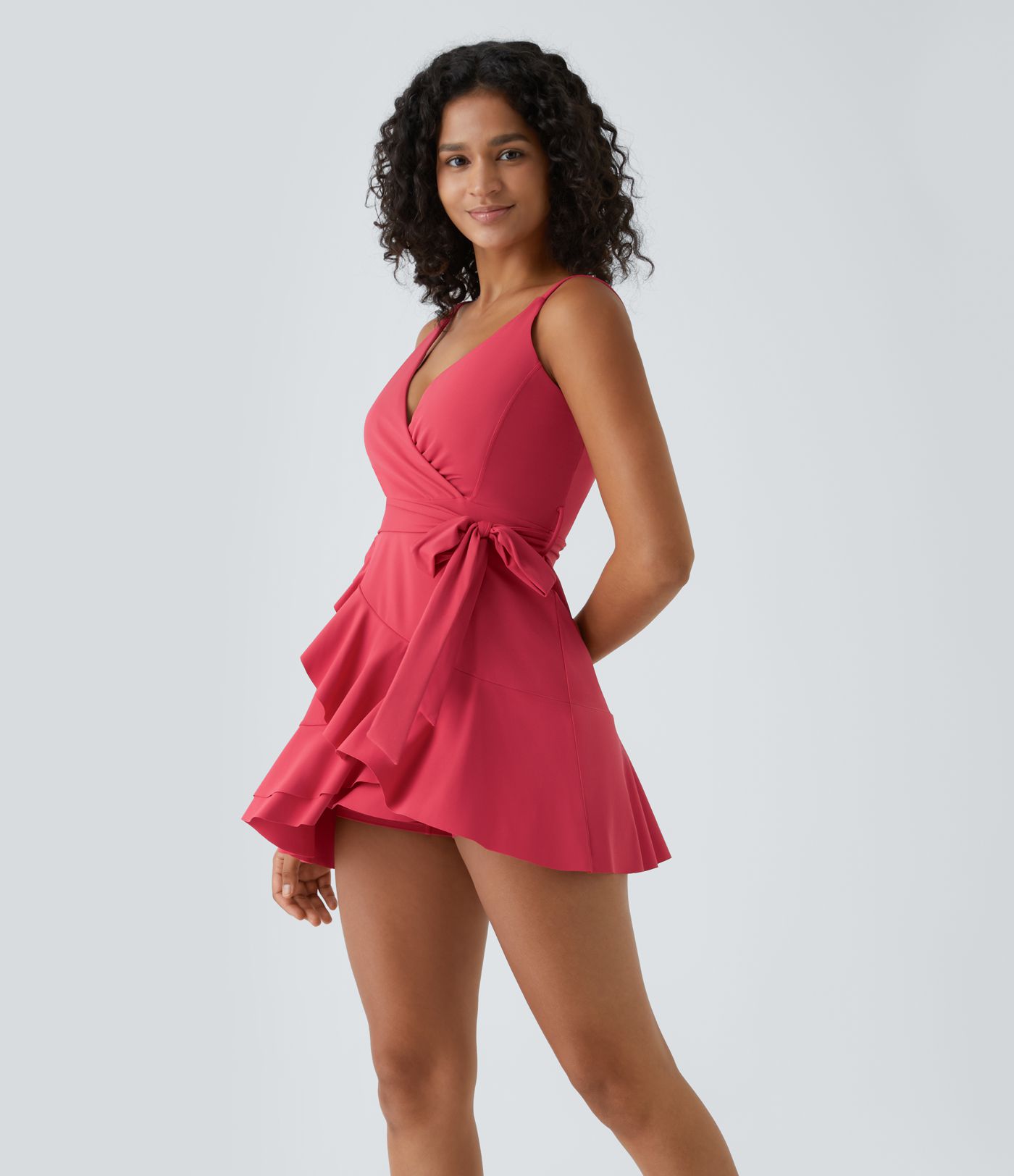 V Neck Tie Side Ruffle 2-Piece Pocket Flowy Mini Casual Dress A-C Cups