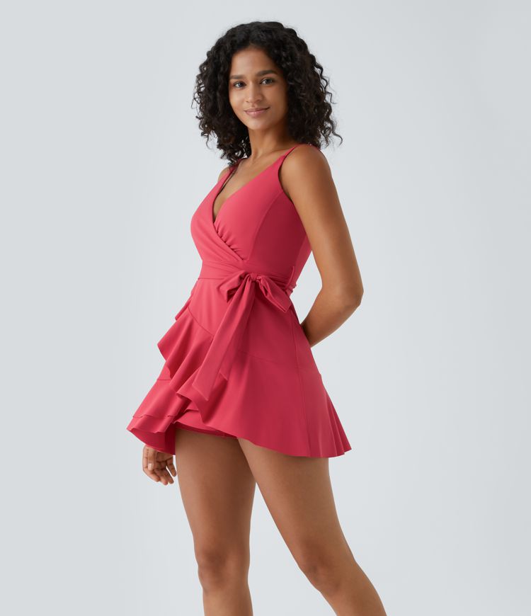 V Neck Tie Side Ruffle 2-Piece Pocket Flowy Mini Casual Dress A-C Cups